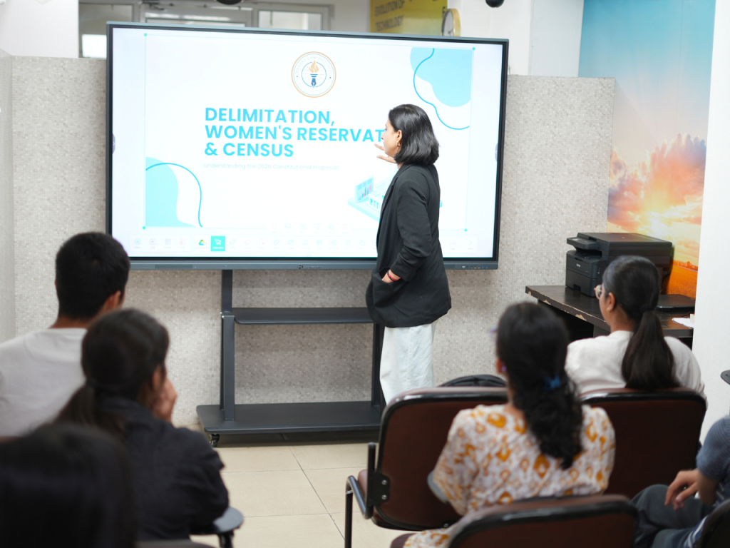 CLAT aspirants attending a classroom session on delimitation, women’s reservation and census
